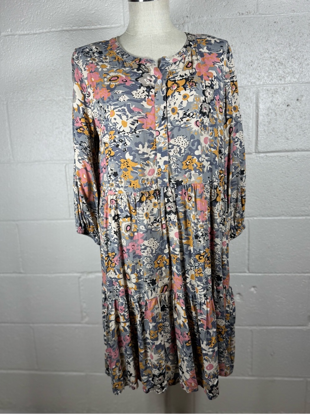 Natural Life Floral 3/4 Sleeve Babydoll Dress size Medium
